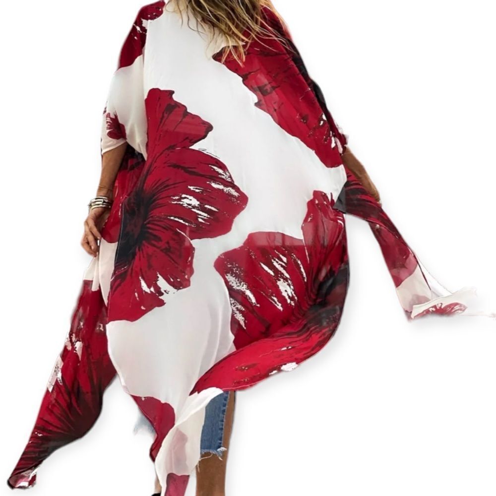 White Red Floral Open Front Long Kimono Robe Cover Up NEW - Picture 3 of 4